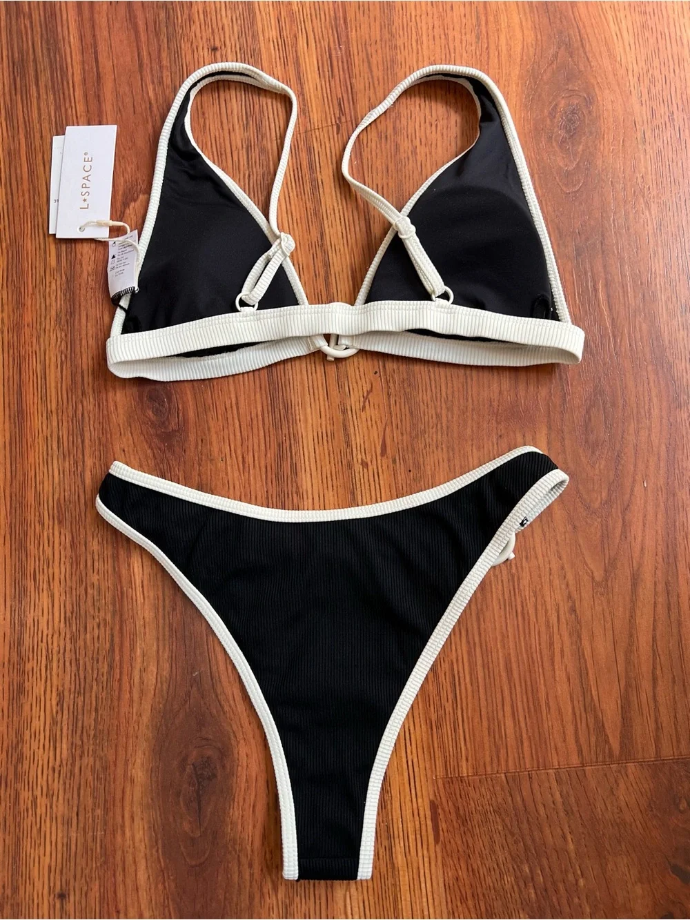 L*SPACE Ribbed Black Cream Bikini Set Ring Detail High Cut Bottom NWT